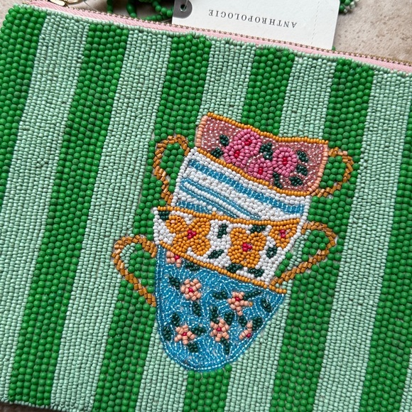Anthropologie The Fiona Beaded Pouch Tea Cup Large Zip Closure Perfect Host Gift - Picture 5 of 11